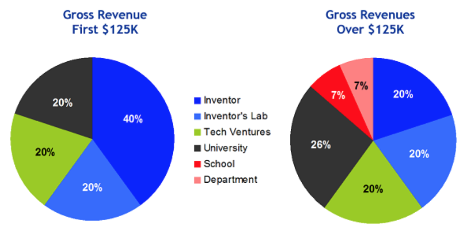 Two pie charts. The one on the left is titled 'Gross Revenue First $125k.' The one on the right is titled 'Gross Revenues Over $125k.'